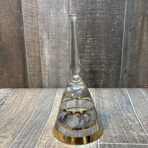 Vintage‎ Clear Glass Bell Gold Trim Frosted Floral Design Crystal Clapper